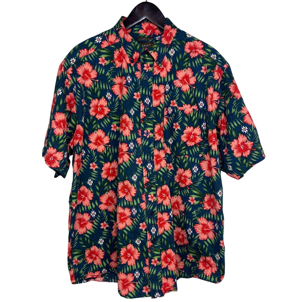 Ariat Mens XXL Stretch Short Sleeve Button Down Floral Southwestern Navy Shirt